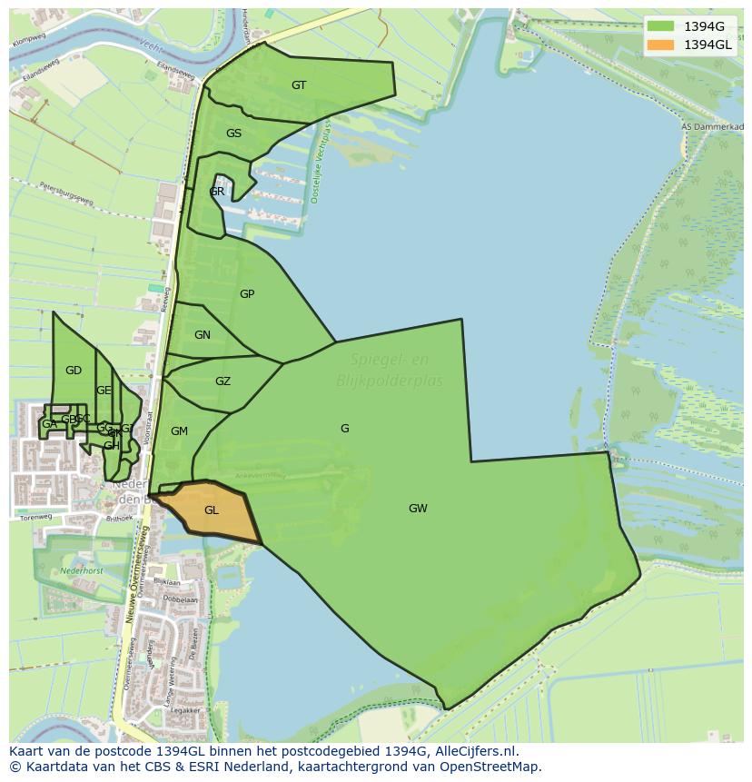 Afbeelding van het postcodegebied 1394 GL op de kaart.