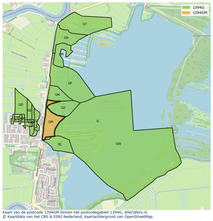 Afbeelding van het postcodegebied 1394 GM op de kaart.