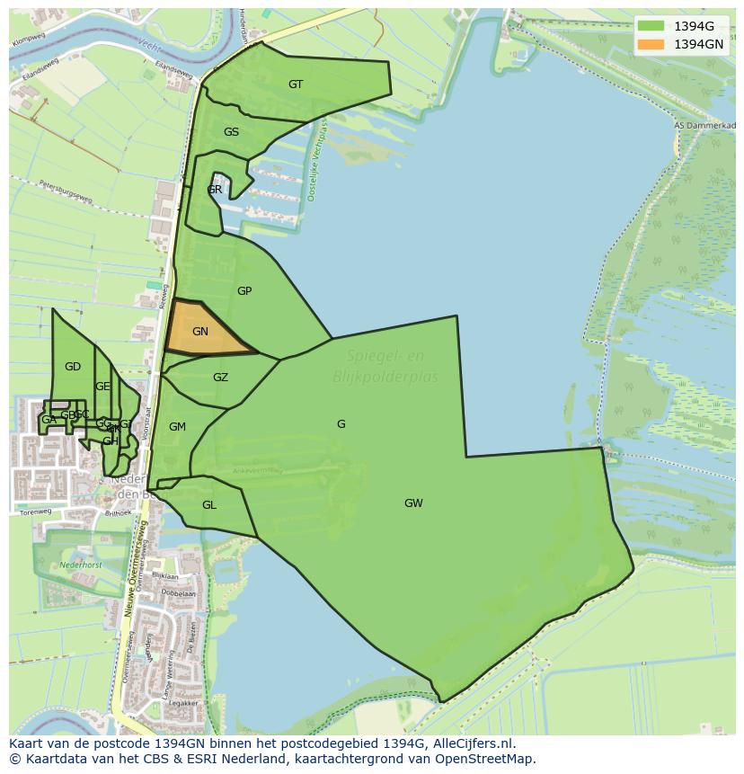 Afbeelding van het postcodegebied 1394 GN op de kaart.