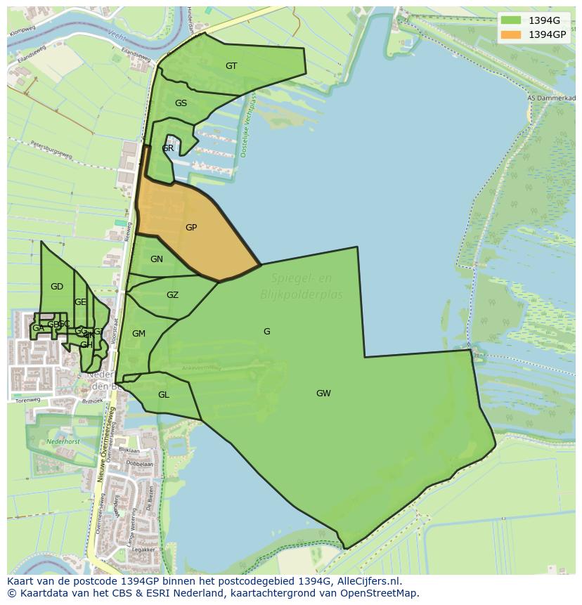 Afbeelding van het postcodegebied 1394 GP op de kaart.