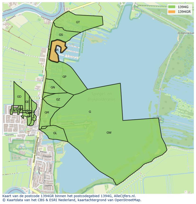 Afbeelding van het postcodegebied 1394 GR op de kaart.