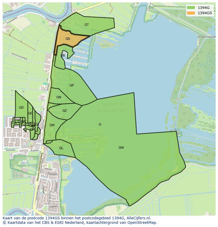 Afbeelding van het postcodegebied 1394 GS op de kaart.