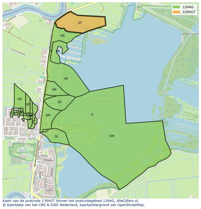 Afbeelding van het postcodegebied 1394 GT op de kaart.