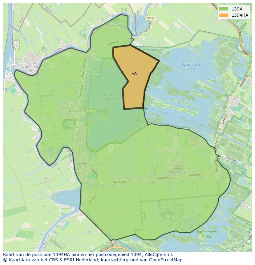 Afbeelding van het postcodegebied 1394 HA op de kaart.