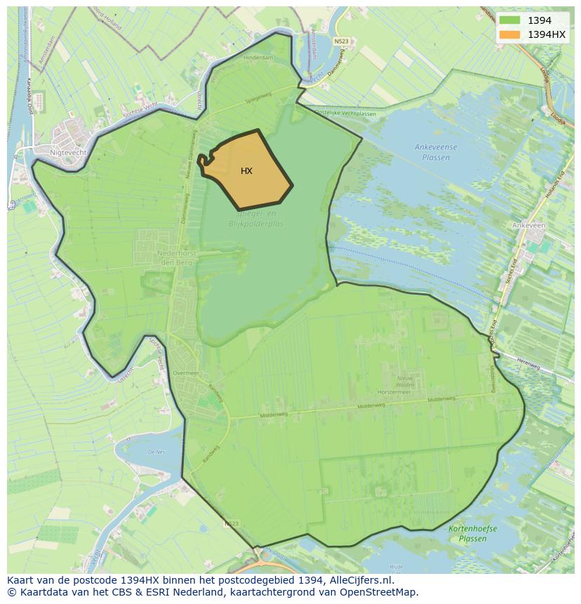 Afbeelding van het postcodegebied 1394 HX op de kaart.