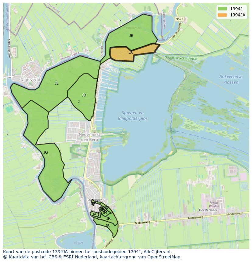 Afbeelding van het postcodegebied 1394 JA op de kaart.