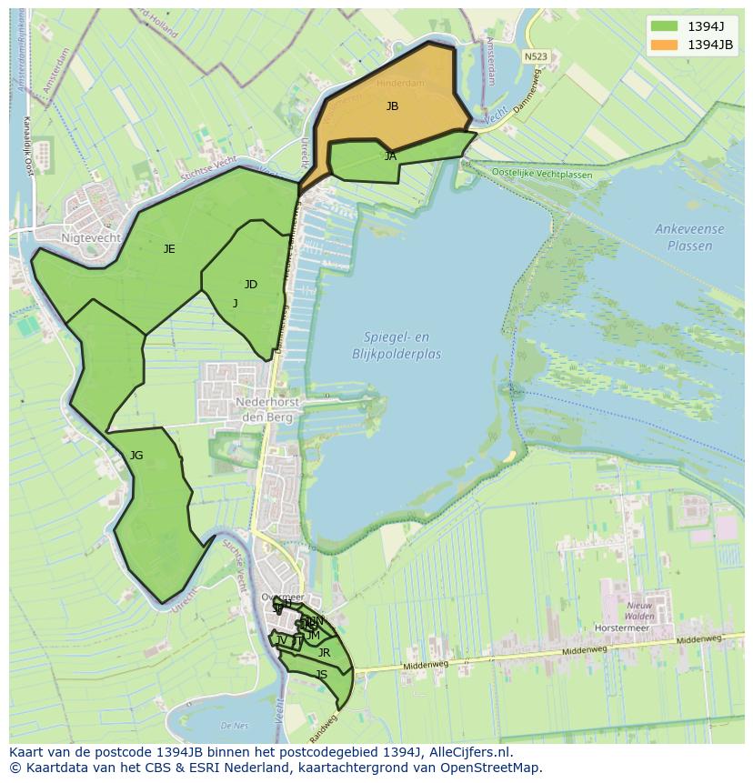 Afbeelding van het postcodegebied 1394 JB op de kaart.
