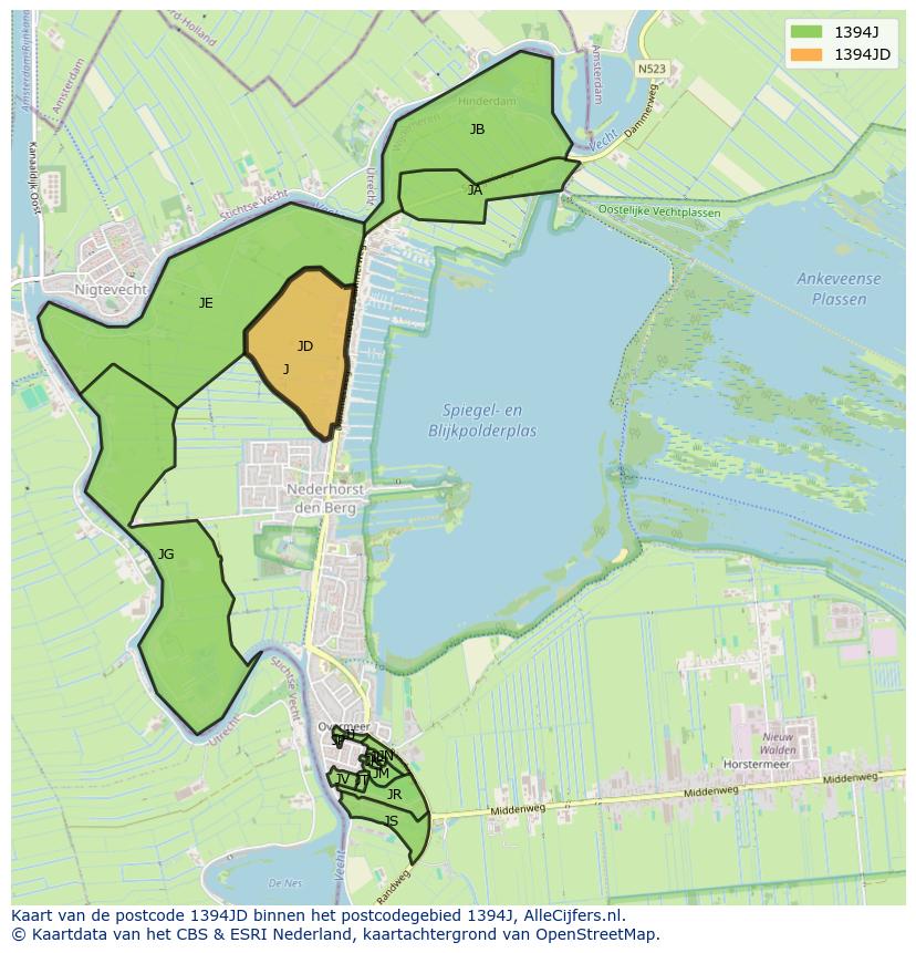 Afbeelding van het postcodegebied 1394 JD op de kaart.