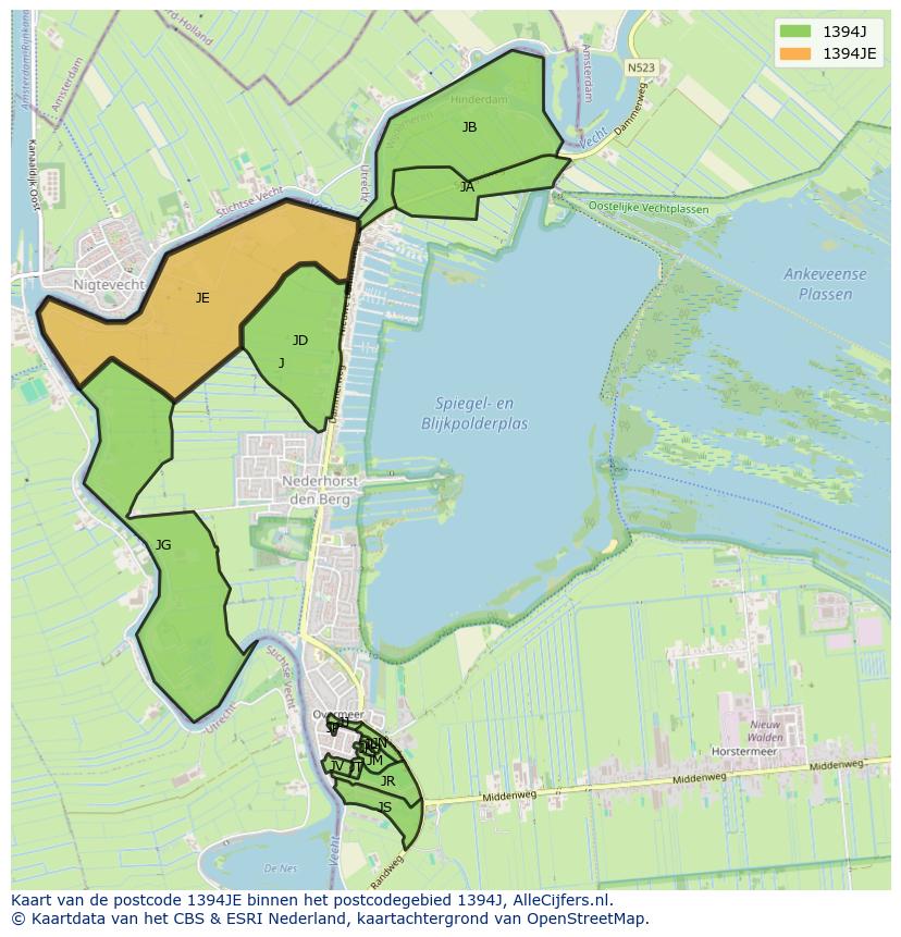 Afbeelding van het postcodegebied 1394 JE op de kaart.