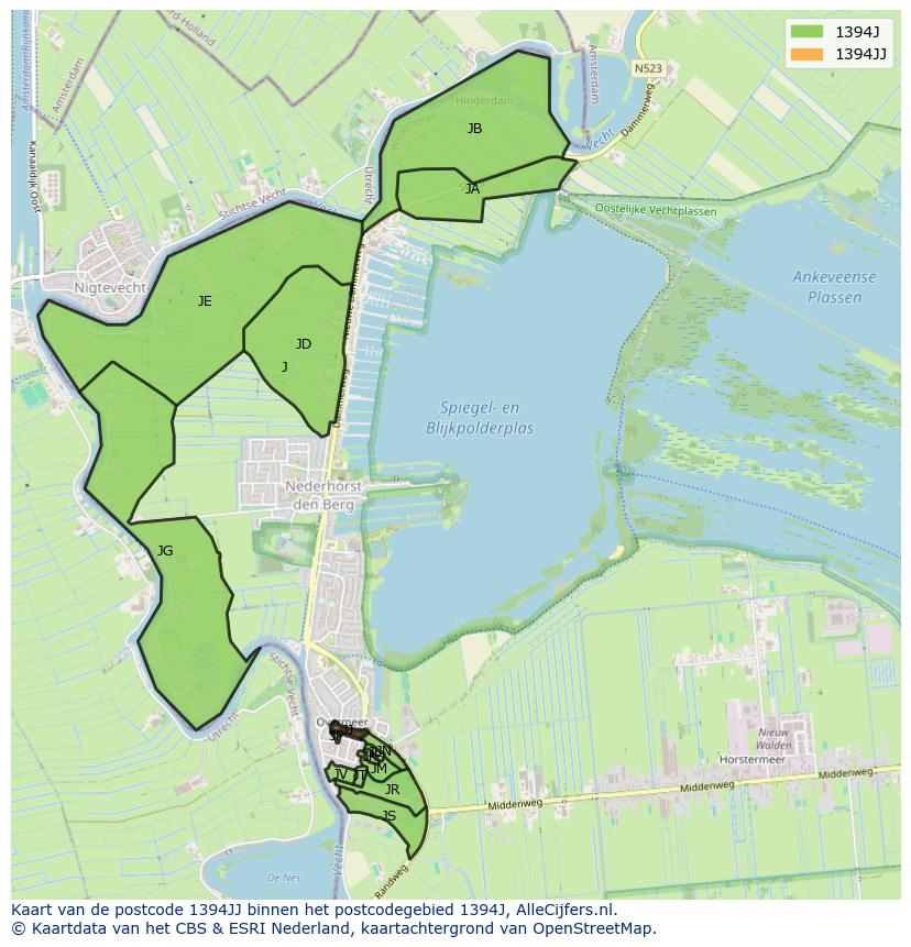 Afbeelding van het postcodegebied 1394 JJ op de kaart.