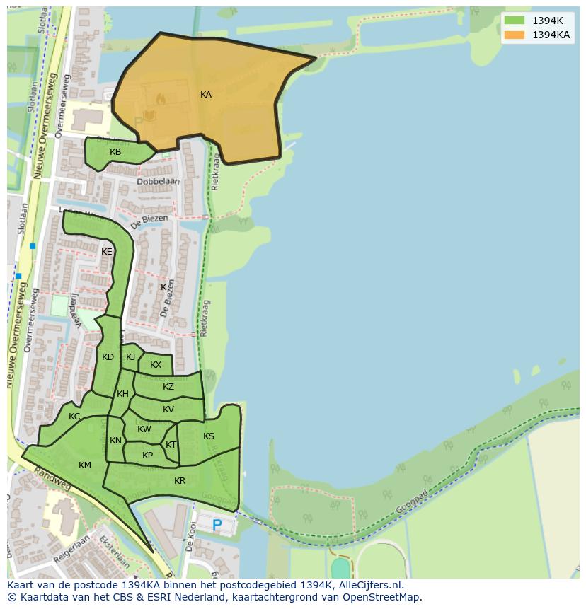 Afbeelding van het postcodegebied 1394 KA op de kaart.