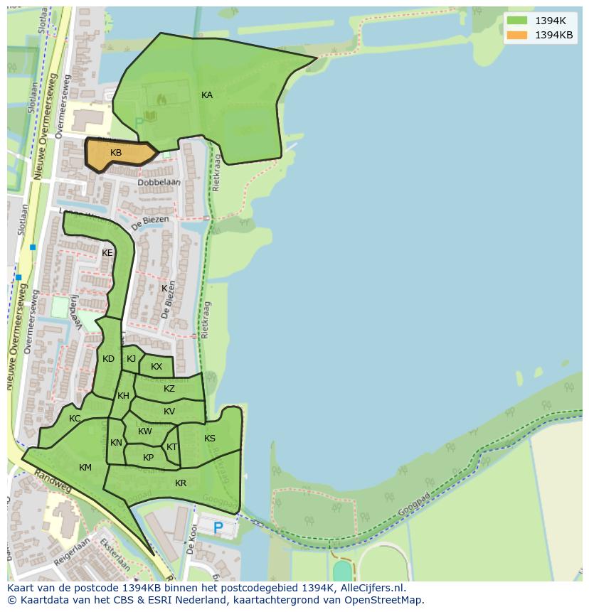Afbeelding van het postcodegebied 1394 KB op de kaart.