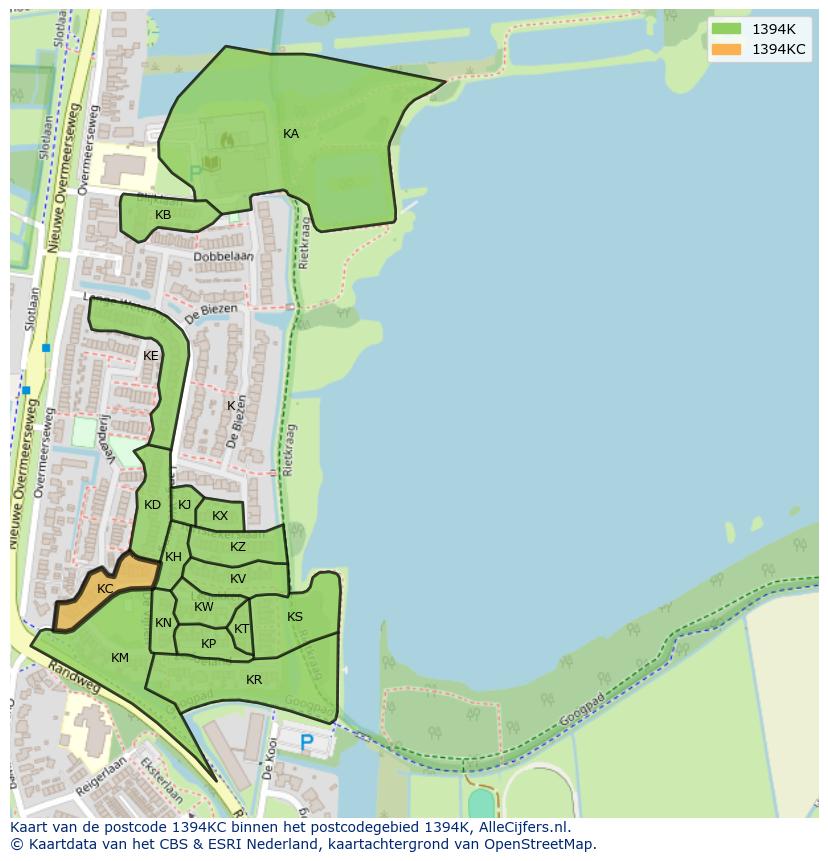 Afbeelding van het postcodegebied 1394 KC op de kaart.