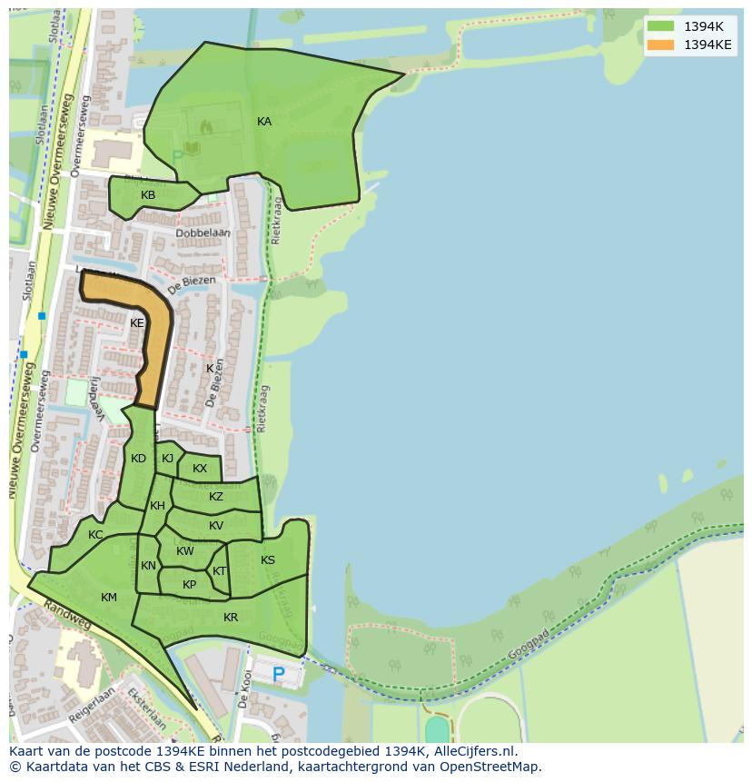 Afbeelding van het postcodegebied 1394 KE op de kaart.