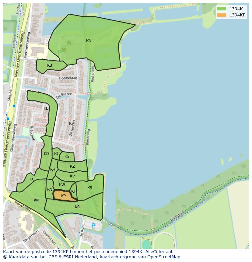 Afbeelding van het postcodegebied 1394 KP op de kaart.