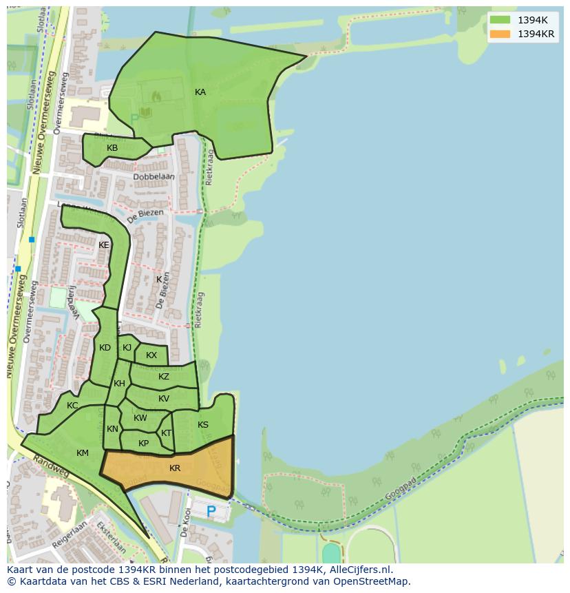 Afbeelding van het postcodegebied 1394 KR op de kaart.