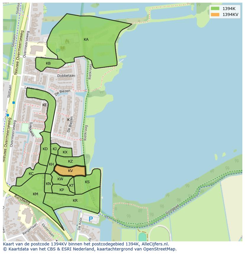 Afbeelding van het postcodegebied 1394 KV op de kaart.
