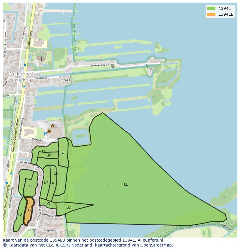 Afbeelding van het postcodegebied 1394 LB op de kaart.