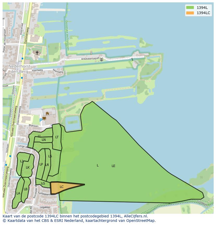 Afbeelding van het postcodegebied 1394 LC op de kaart.