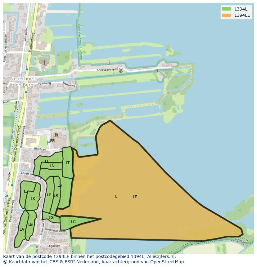 Afbeelding van het postcodegebied 1394 LE op de kaart.