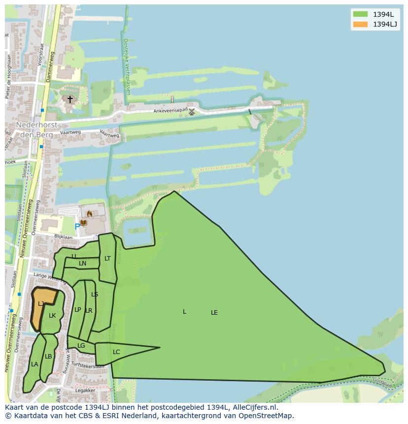 Afbeelding van het postcodegebied 1394 LJ op de kaart.