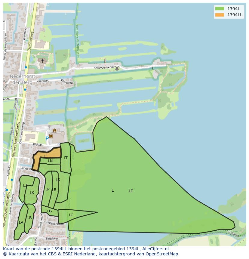 Afbeelding van het postcodegebied 1394 LL op de kaart.