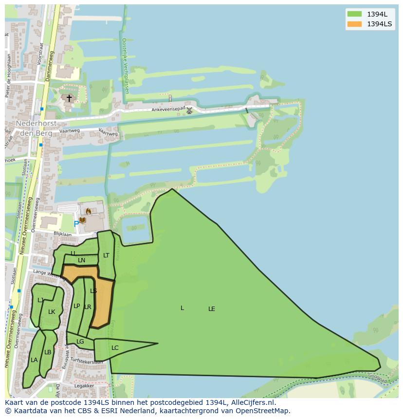 Afbeelding van het postcodegebied 1394 LS op de kaart.
