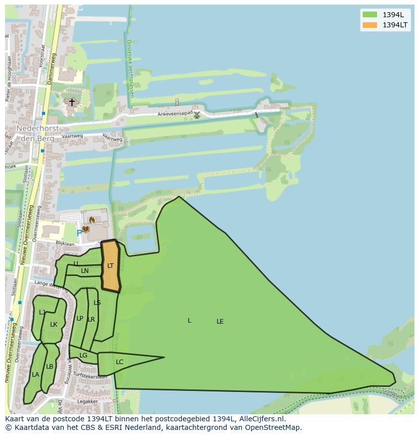 Afbeelding van het postcodegebied 1394 LT op de kaart.