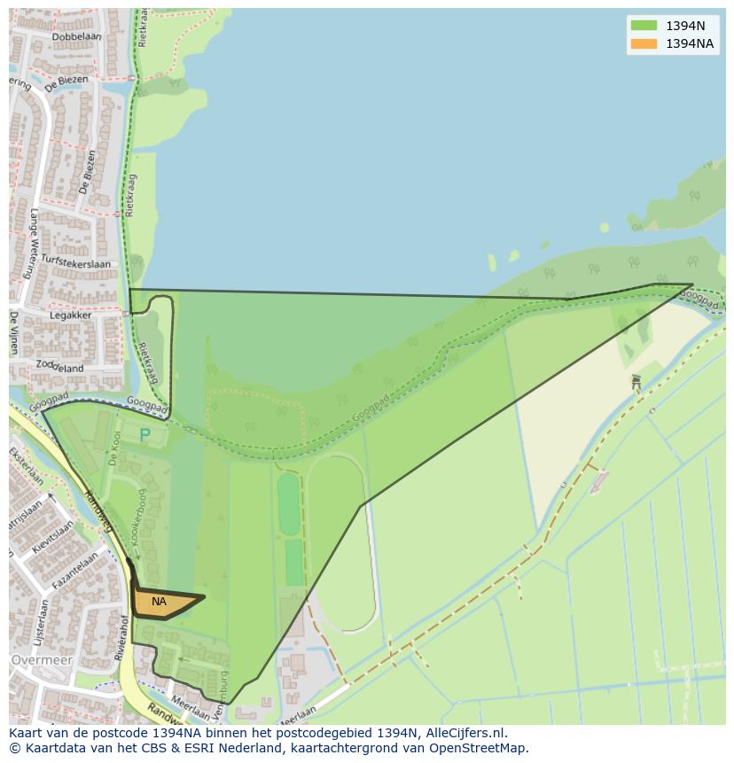 Afbeelding van het postcodegebied 1394 NA op de kaart.
