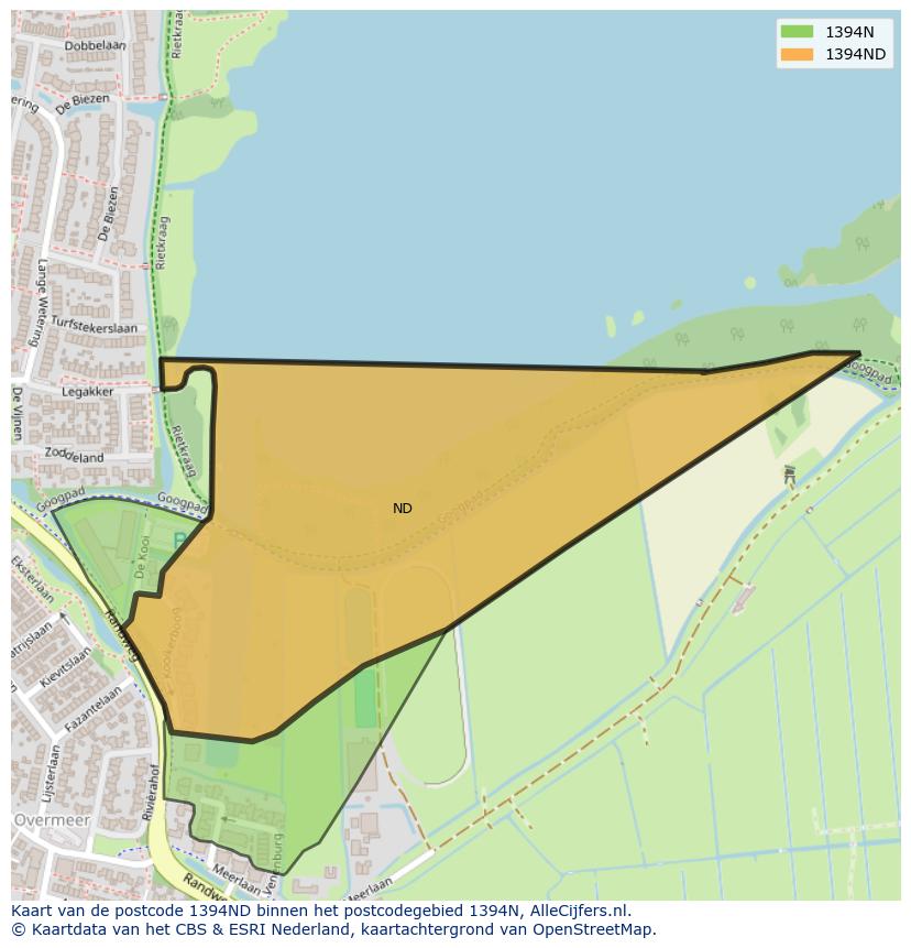 Afbeelding van het postcodegebied 1394 ND op de kaart.