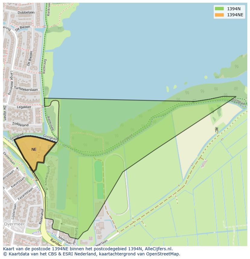 Afbeelding van het postcodegebied 1394 NE op de kaart.