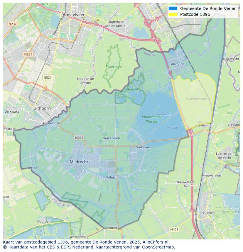 Afbeelding van het postcodegebied 1396 op de kaart.