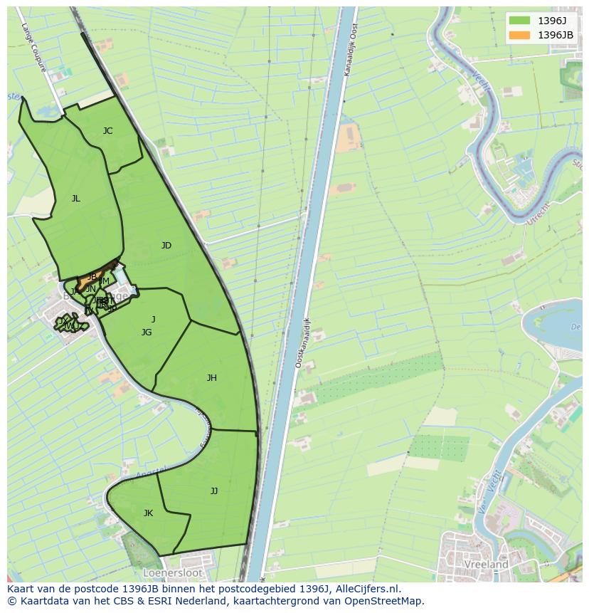 Afbeelding van het postcodegebied 1396 JB op de kaart.