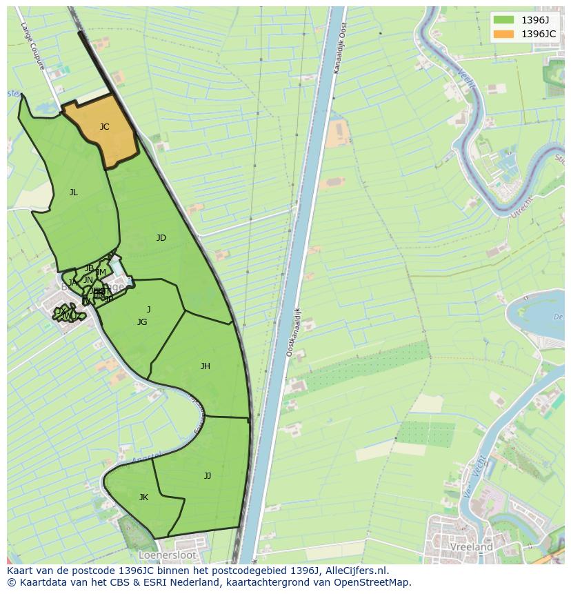 Afbeelding van het postcodegebied 1396 JC op de kaart.