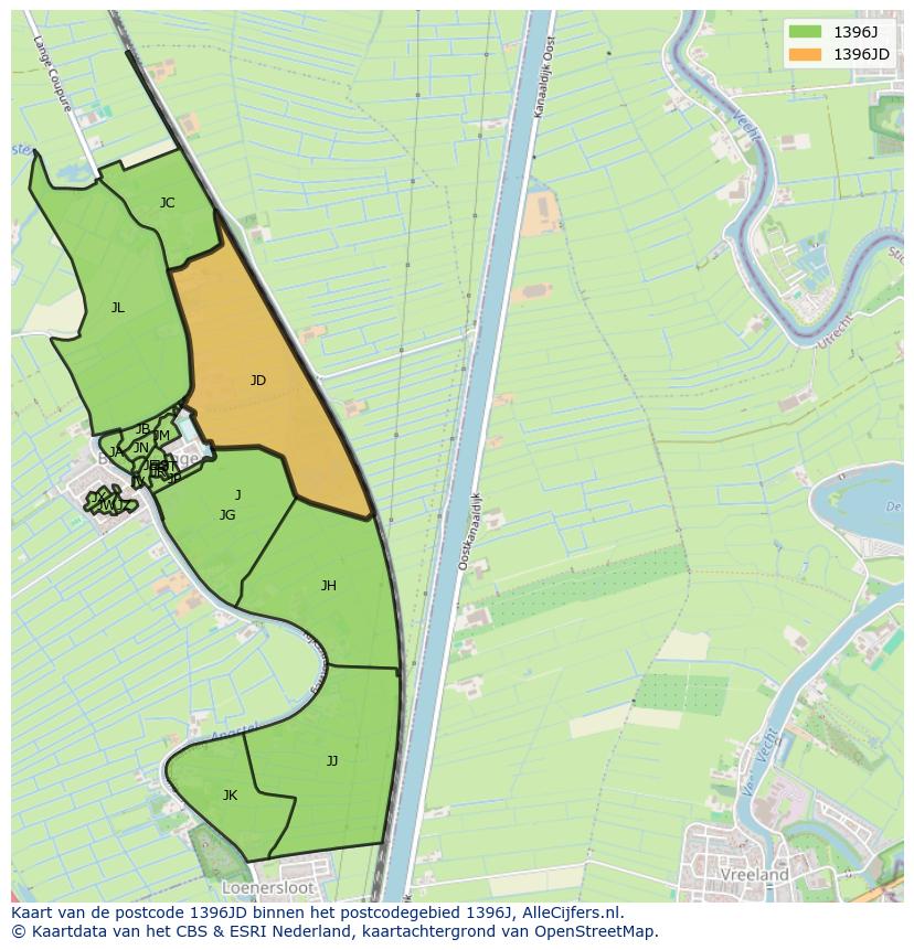Afbeelding van het postcodegebied 1396 JD op de kaart.