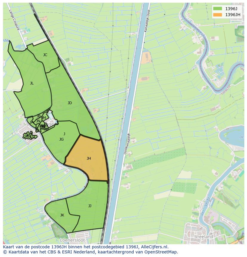 Afbeelding van het postcodegebied 1396 JH op de kaart.