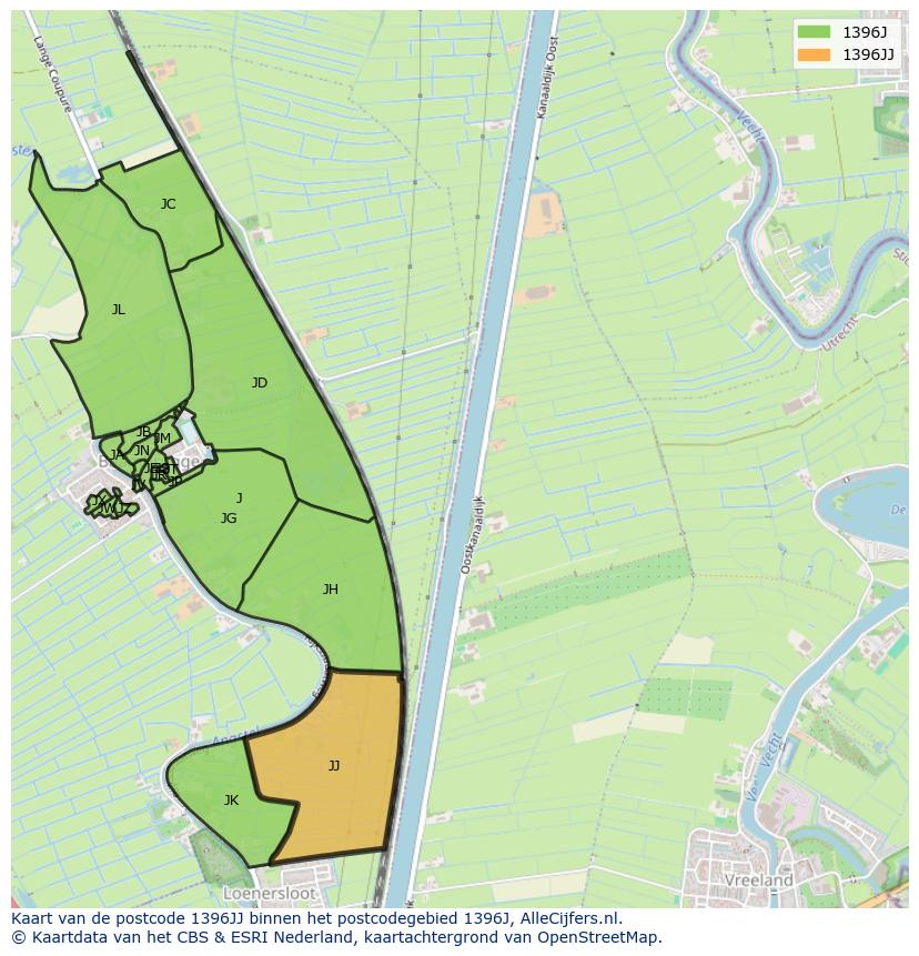 Afbeelding van het postcodegebied 1396 JJ op de kaart.
