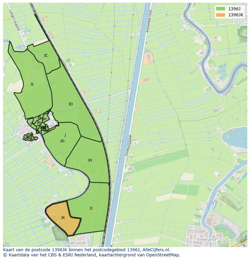 Afbeelding van het postcodegebied 1396 JK op de kaart.