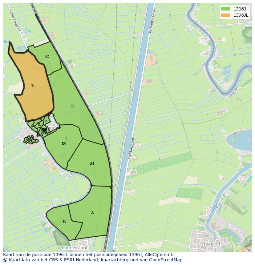 Afbeelding van het postcodegebied 1396 JL op de kaart.