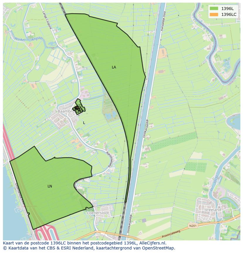 Afbeelding van het postcodegebied 1396 LC op de kaart.