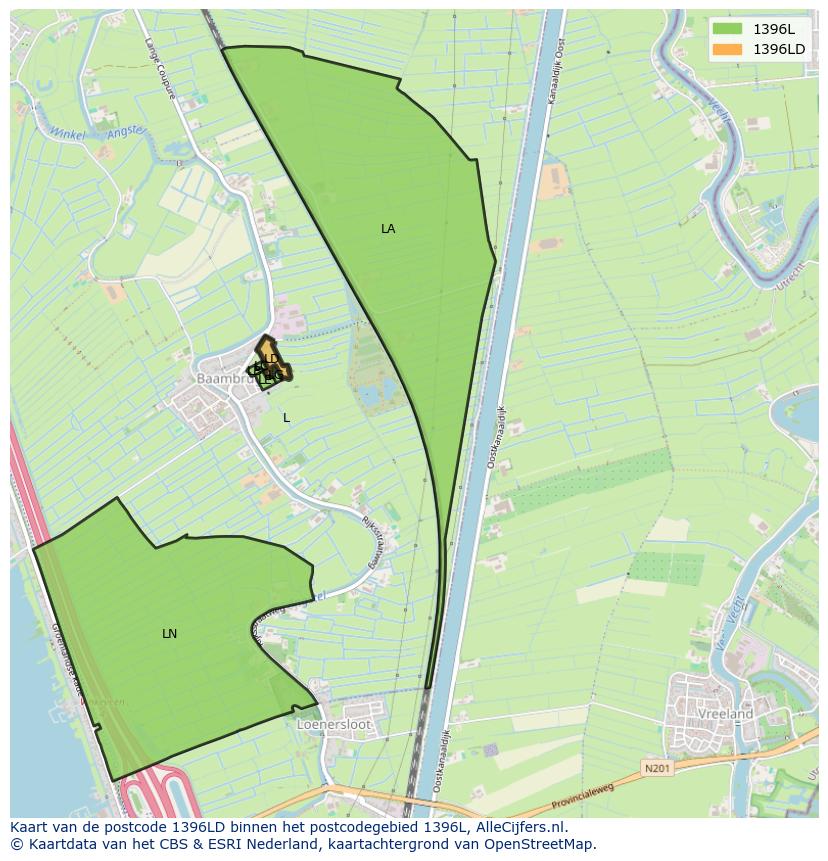 Afbeelding van het postcodegebied 1396 LD op de kaart.