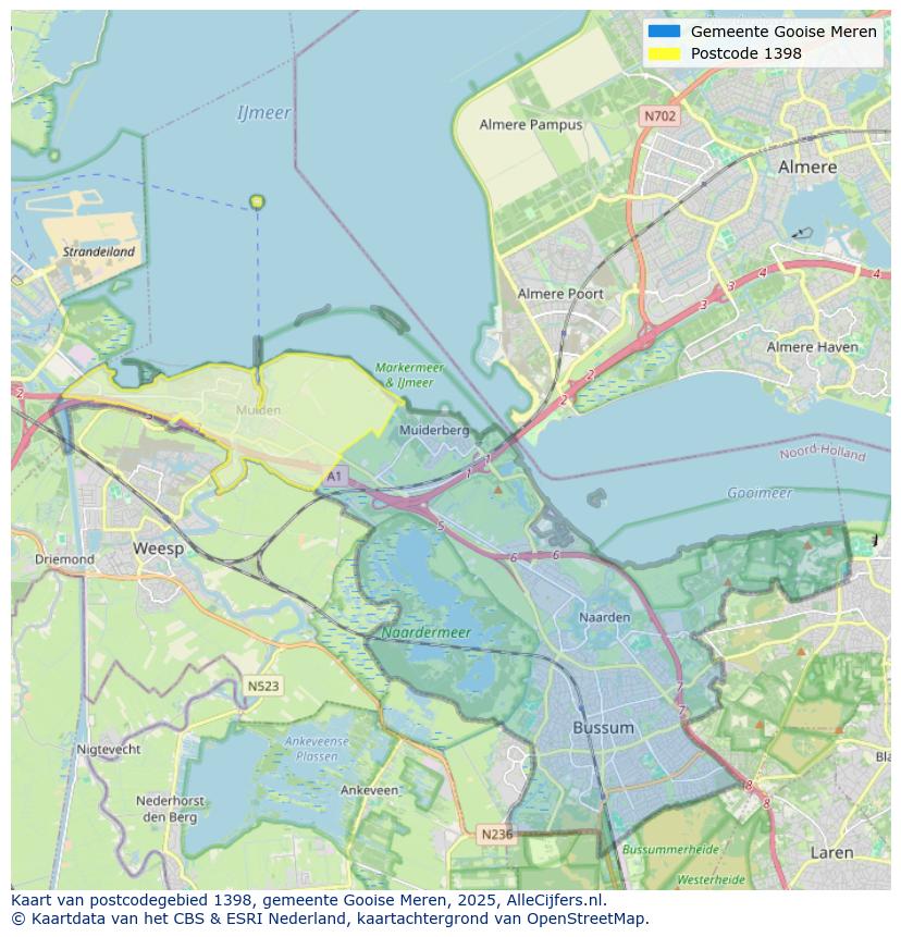Afbeelding van het postcodegebied 1398 op de kaart.