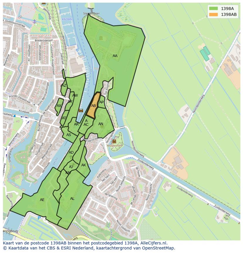 Afbeelding van het postcodegebied 1398 AB op de kaart.