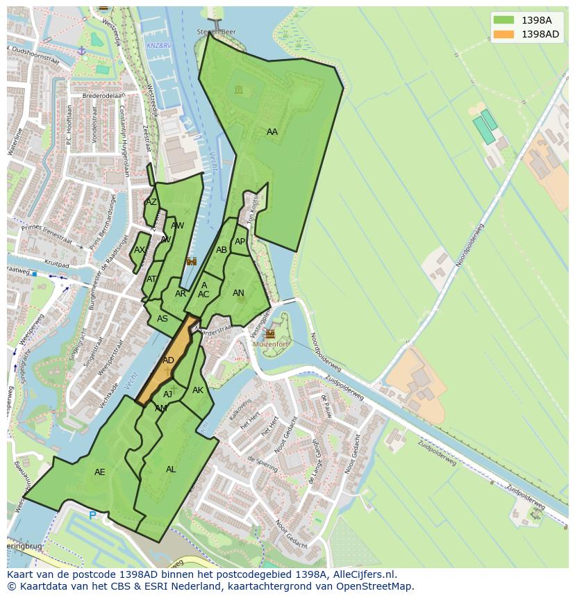 Afbeelding van het postcodegebied 1398 AD op de kaart.