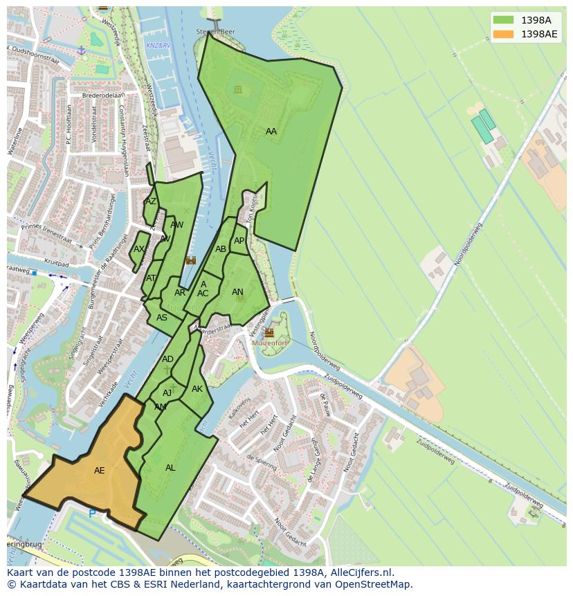 Afbeelding van het postcodegebied 1398 AE op de kaart.