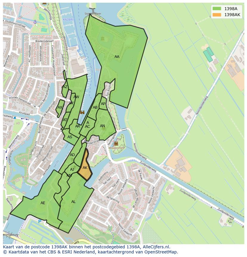 Afbeelding van het postcodegebied 1398 AK op de kaart.
