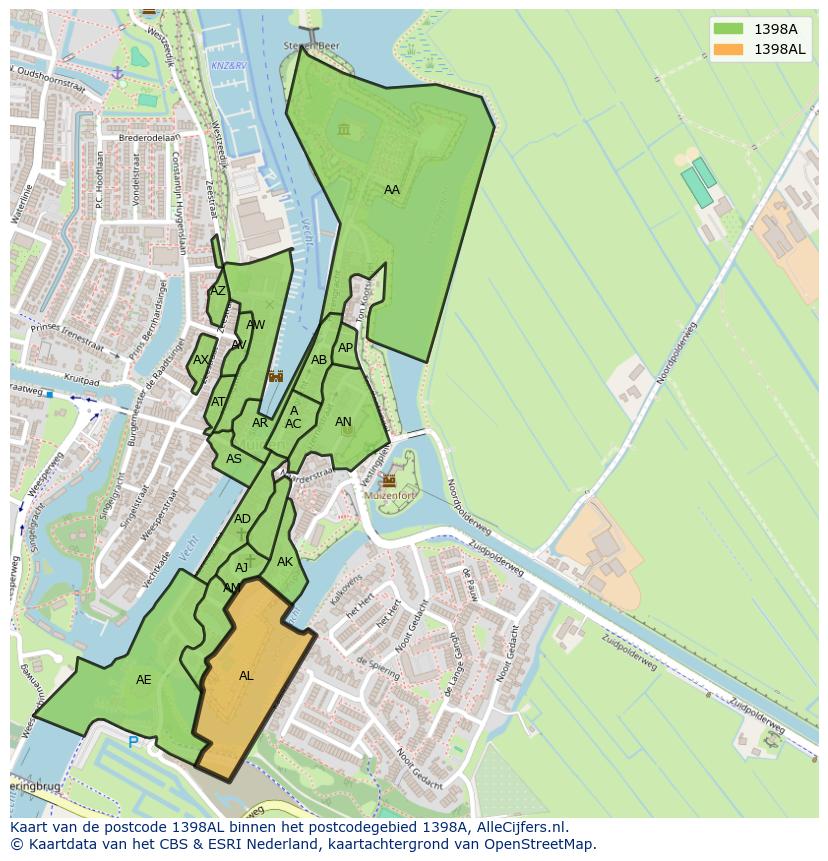 Afbeelding van het postcodegebied 1398 AL op de kaart.
