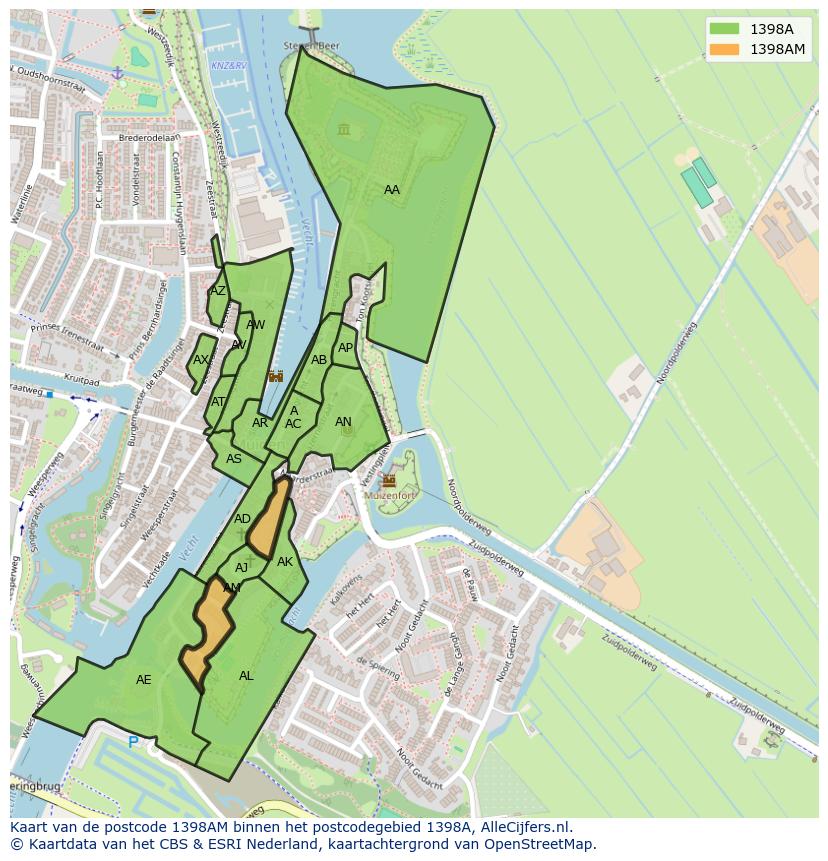 Afbeelding van het postcodegebied 1398 AM op de kaart.