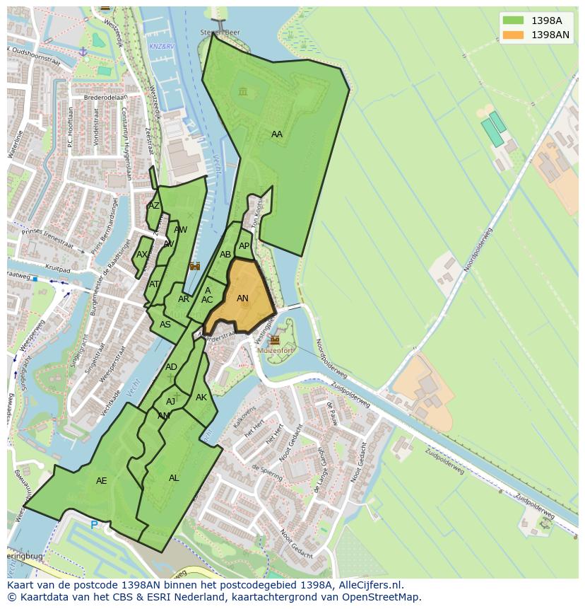 Afbeelding van het postcodegebied 1398 AN op de kaart.