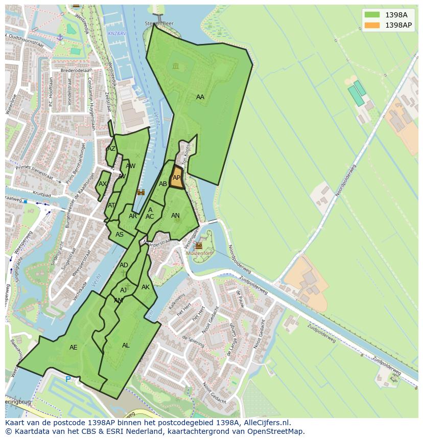 Afbeelding van het postcodegebied 1398 AP op de kaart.